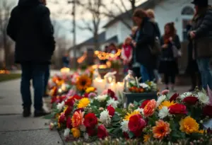 A neighborhood vigil with flowers in memory of a child.