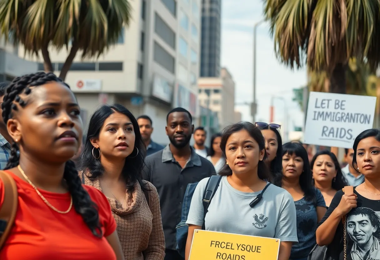 Diverse group demonstrating support against immigration raids in Los Angeles