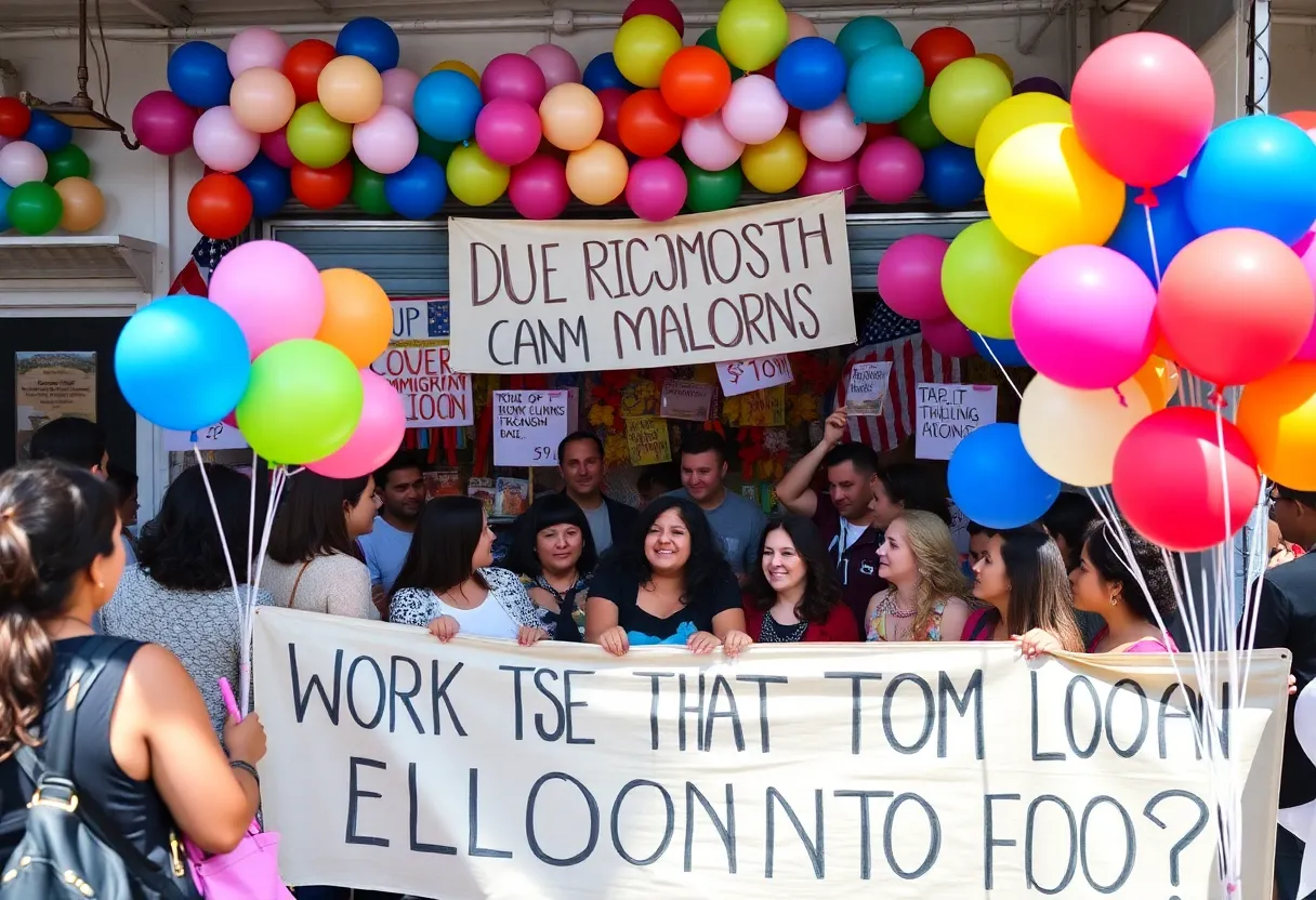 Community members gather at a balloon shop showing support for an Iranian woman detained by ICE.