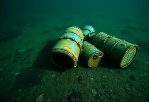 Corroded metal barrels leaking alkaline waste on the ocean floor off Los Angeles.