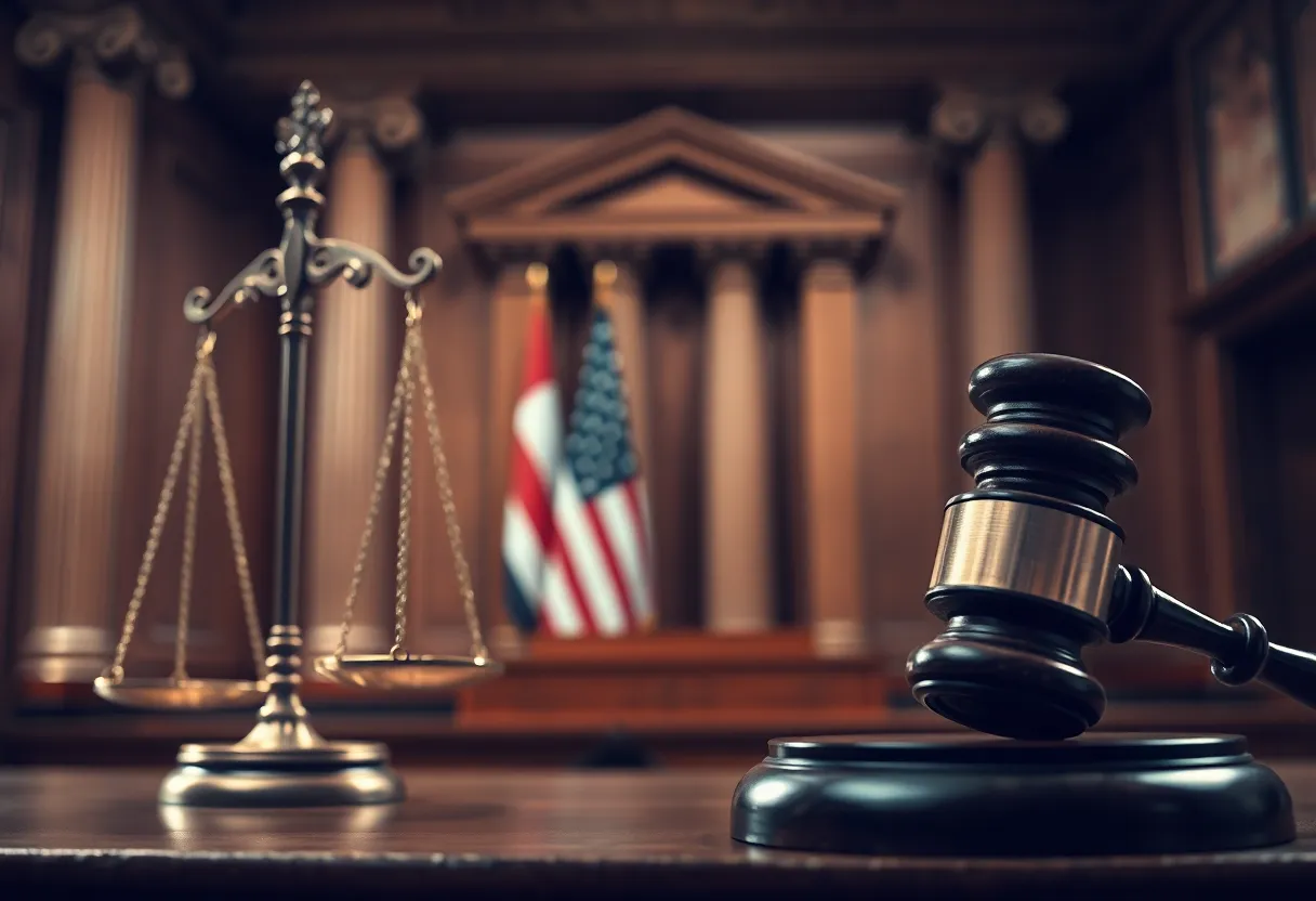 Abstract depiction of a courtroom representing political justice