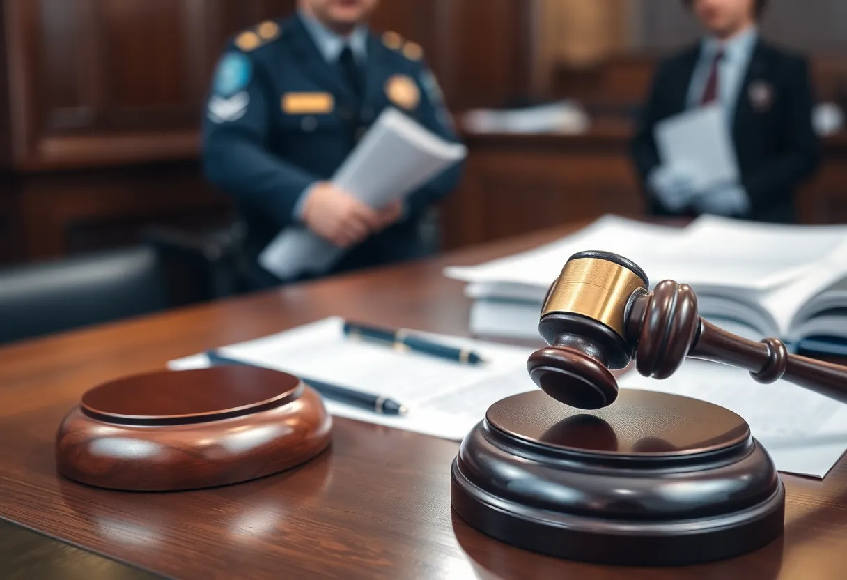 A courtroom with gavel and legal documents symbolizing justice