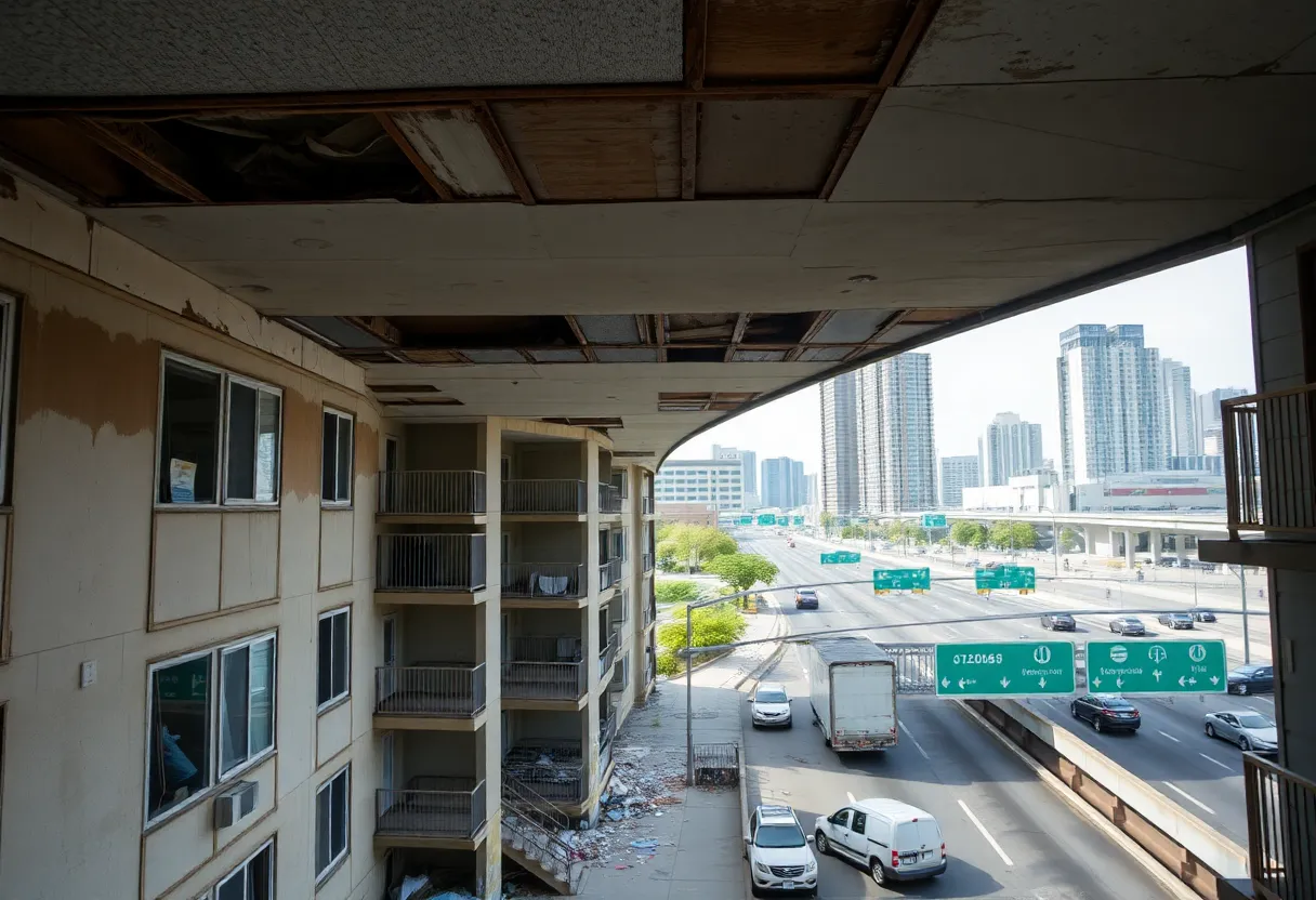 A view of a dilapidated apartment complex in downtown Los Angeles