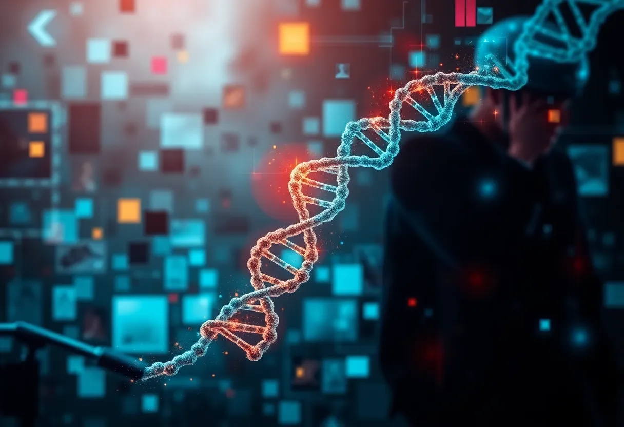 Illustration showing the concept of DNA collection and civil rights with visual elements of privacy and oversight.