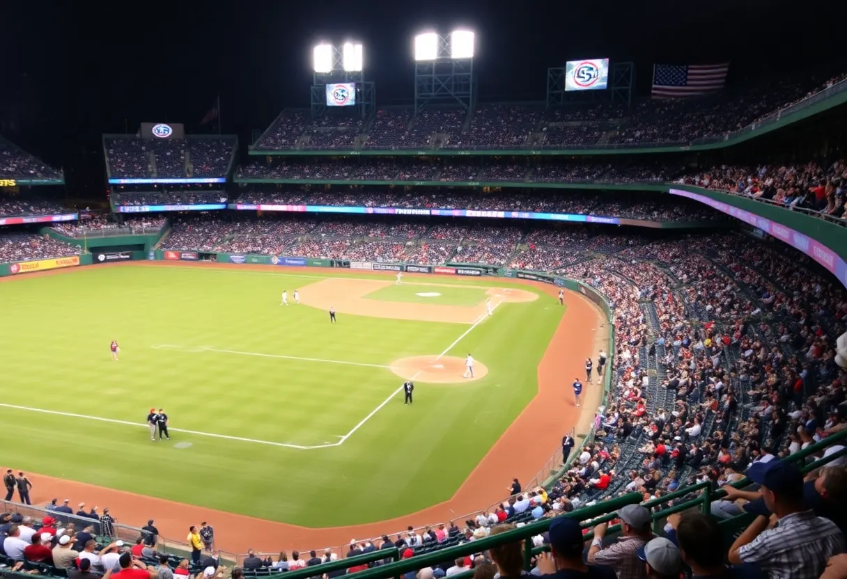 A lively Dodgers Stadium filled with fans watching a baseball game.