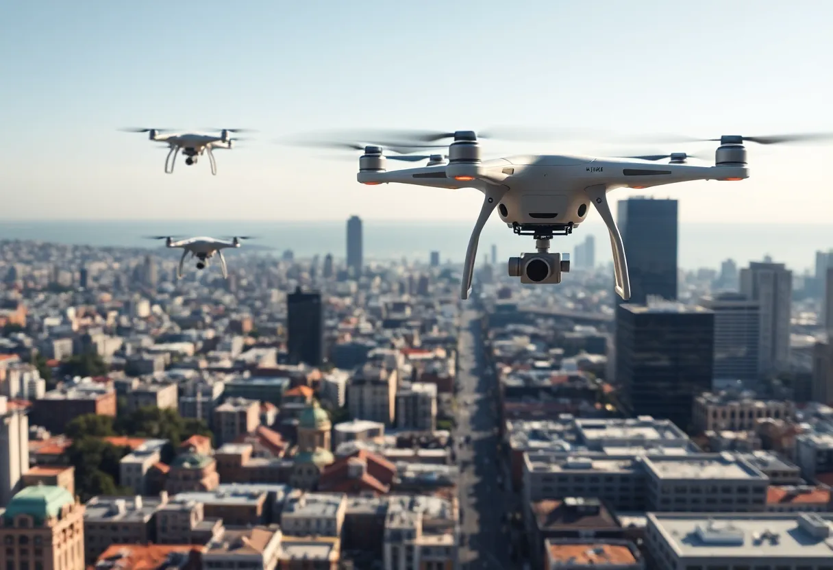 Drones transporting food packages over San Francisco skyline