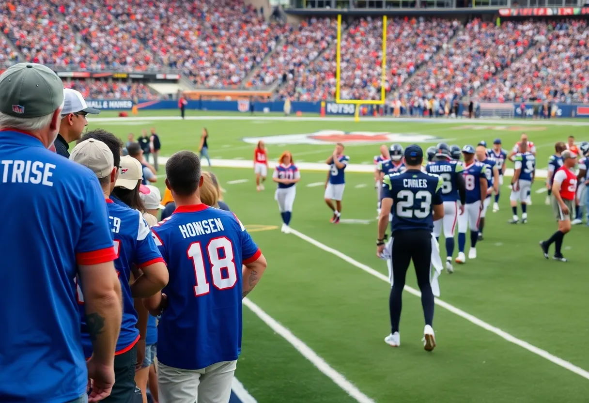 Eagles and Rams players on the field during the game warm-up.