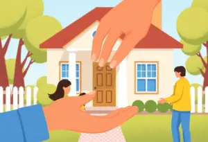 Illustration of a helping hand supporting a family in front of a house.