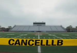 Empty high school football field under evening lights