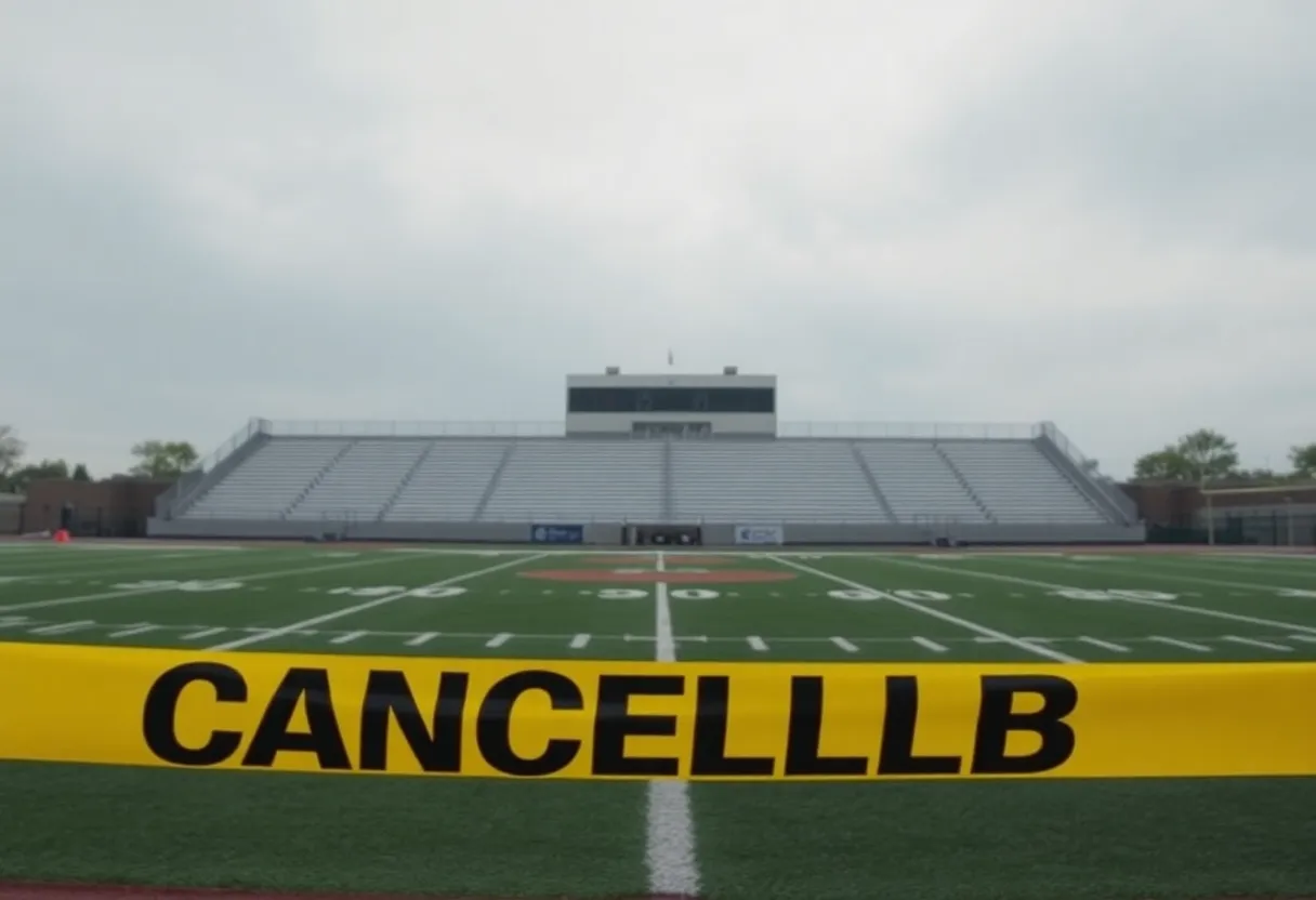 Empty high school football field under evening lights