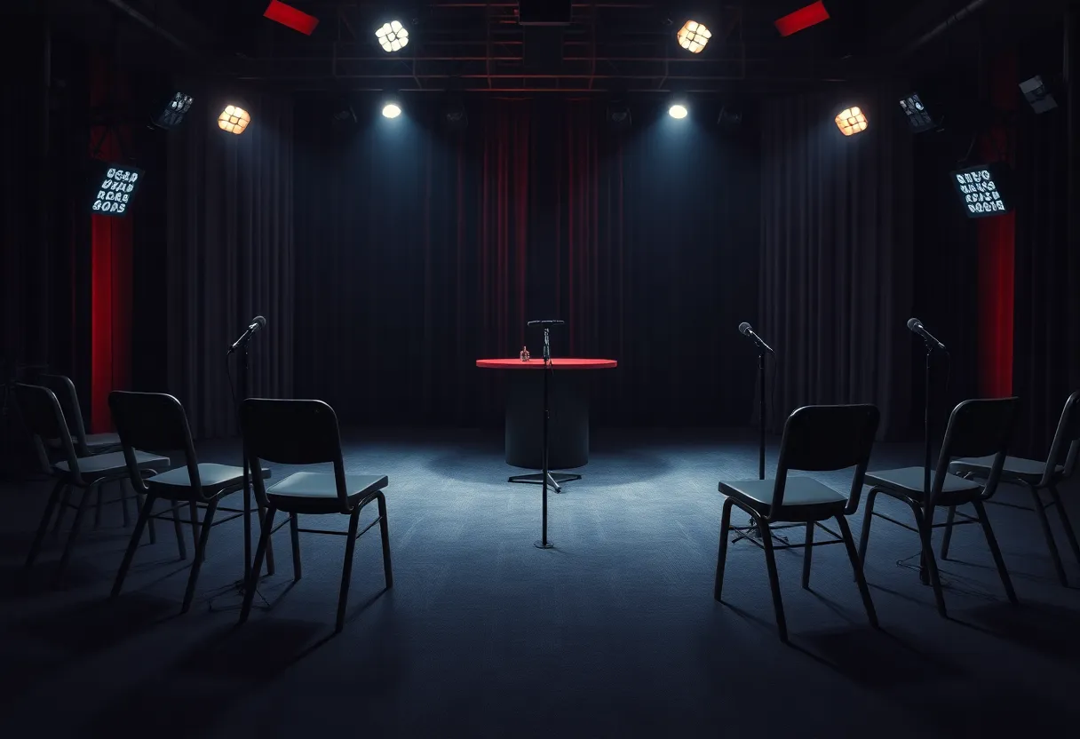 Empty late-night talk show set symbolizing suspension controversy