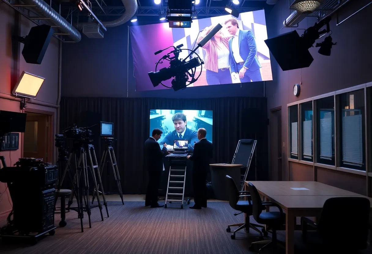 Visual representation of layoffs in the entertainment industry with empty offices and production sets.