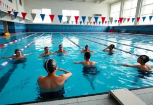 Swimming team practice session at university level swimming pool.
