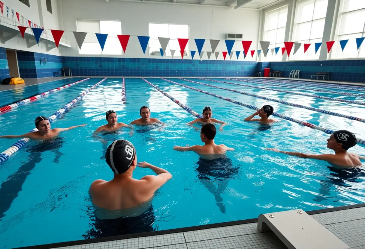 Swimming team practice session at university level swimming pool.
