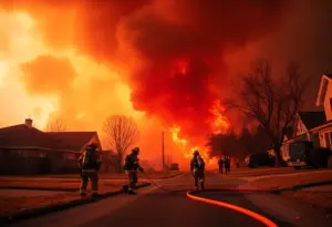 Firefighters responding to wildfires in a suburban neighborhood
