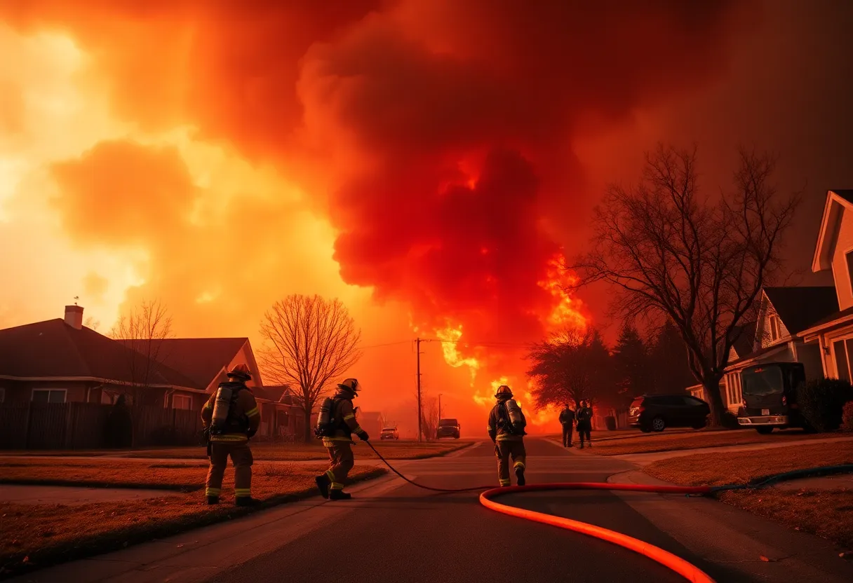 Firefighters responding to wildfires in a suburban neighborhood