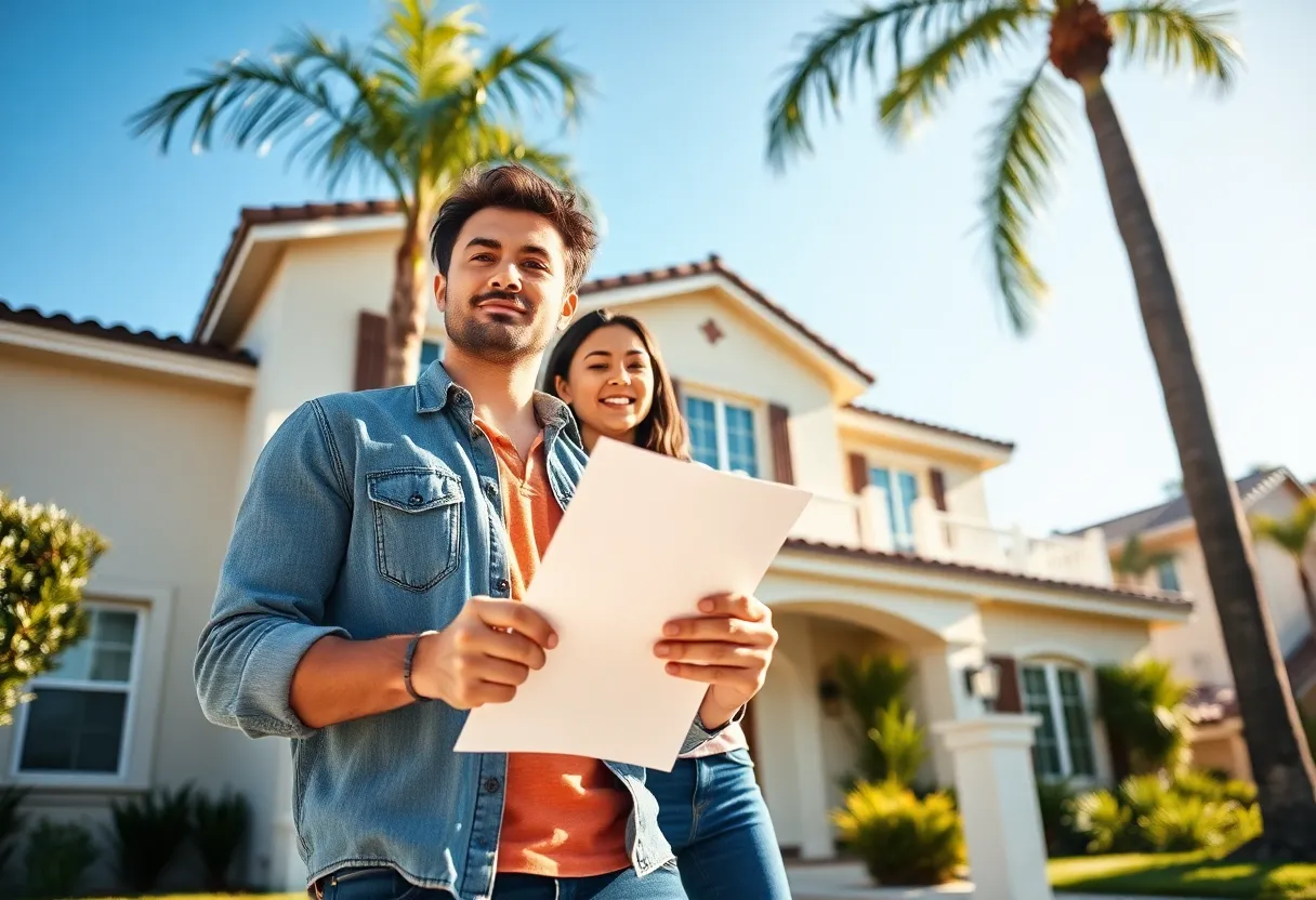 A first-time homebuyer in front of a house in Los Angeles, CA