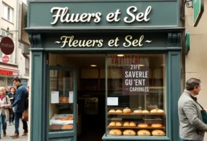 Exterior of Fleurs et Sel bakery in Los Angeles with pastries visible in the display window.