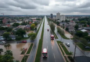 Flooded street in Los Angeles with emergency services