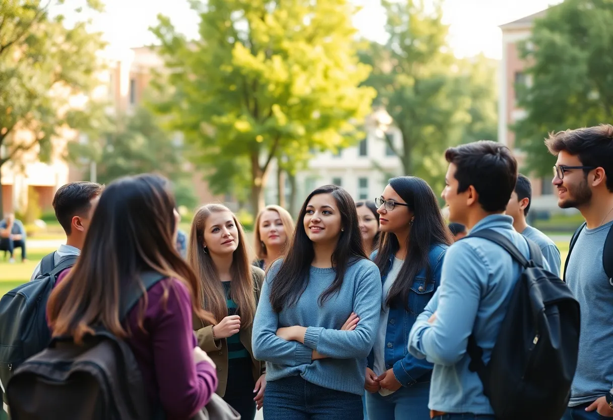 Students discussing on campus at Fort Hays State University