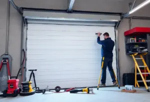Technicians repairing a commercial garage door