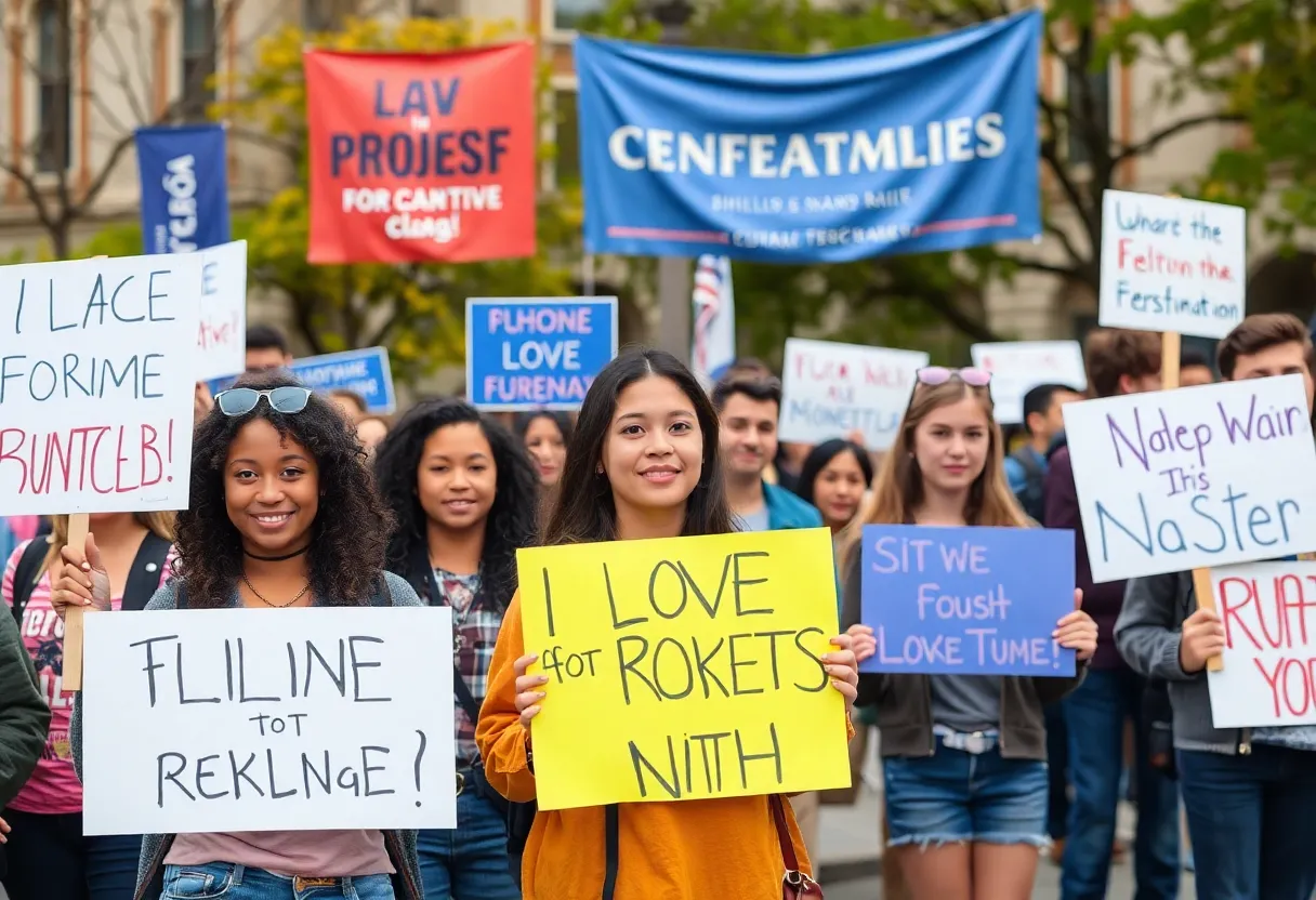 Young conservatives rallying at Virginia Tech, promoting political engagement.