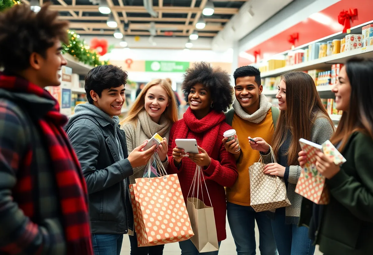 Young shoppers at a budget retail store selecting gifts for the holidays