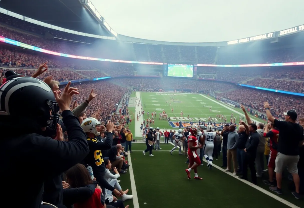 Football fans cheering during the Giants vs Chargers game at MetLife Stadium