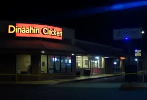 Crime scene at Glendale strip mall showing broken glass door