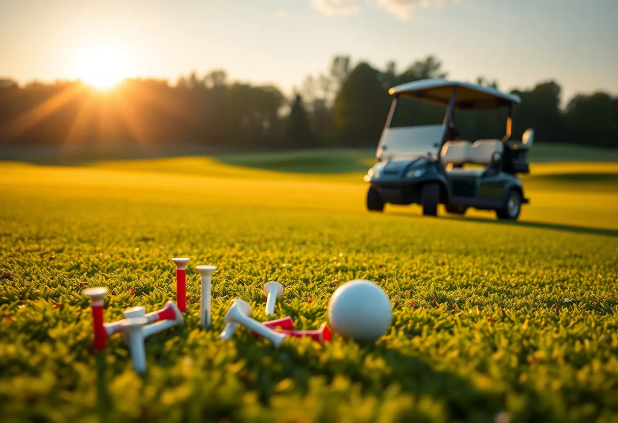 Scenic view of a golf course with golf tees and a luxury cart.