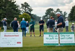 Golfers struggling to secure tee times at a busy golf course.