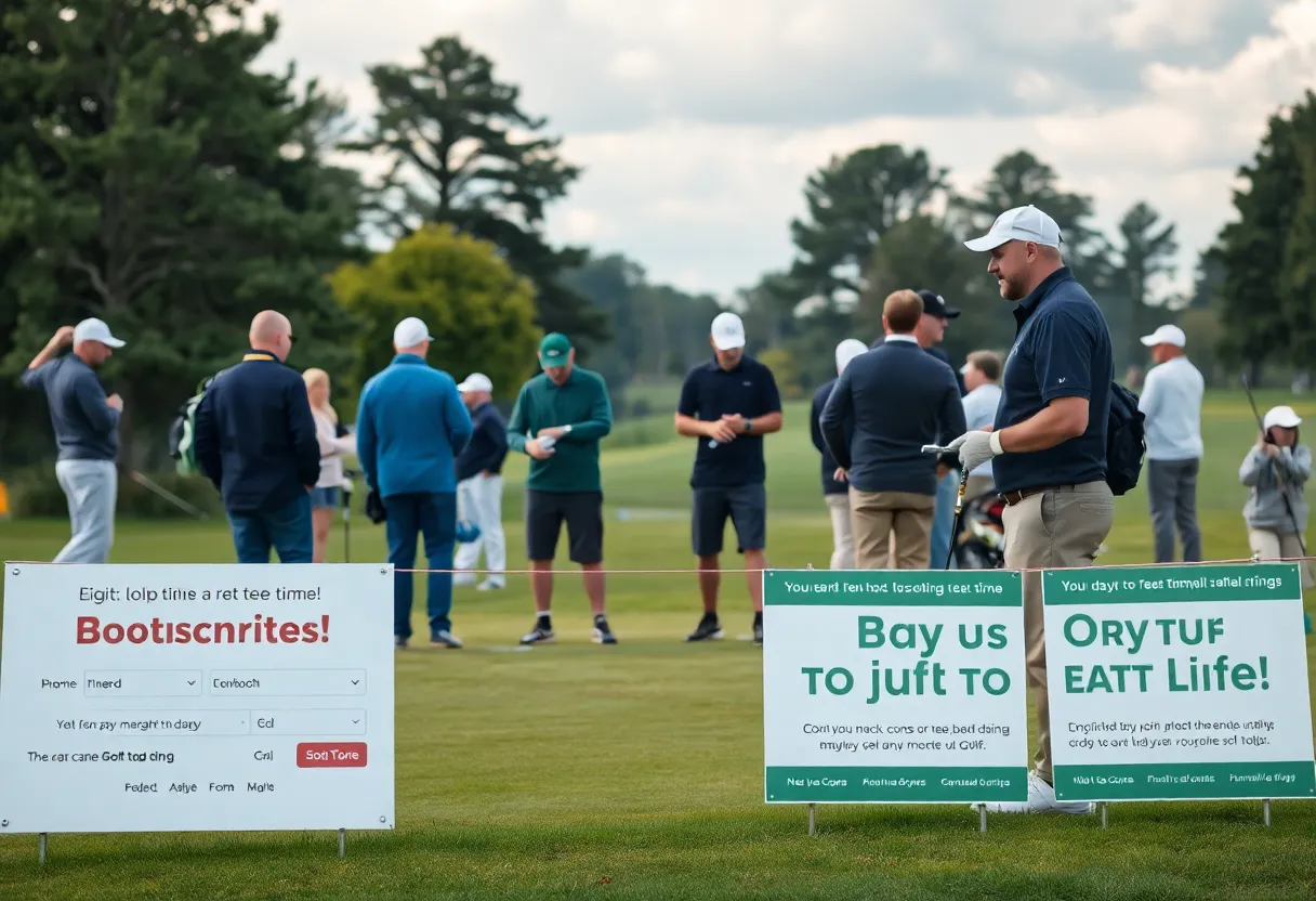 Golfers struggling to secure tee times at a busy golf course.