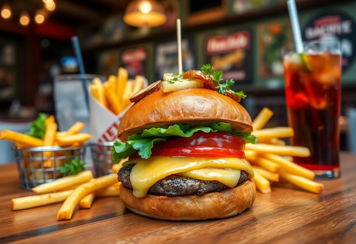 Close-up of a gourmet burger with unique toppings