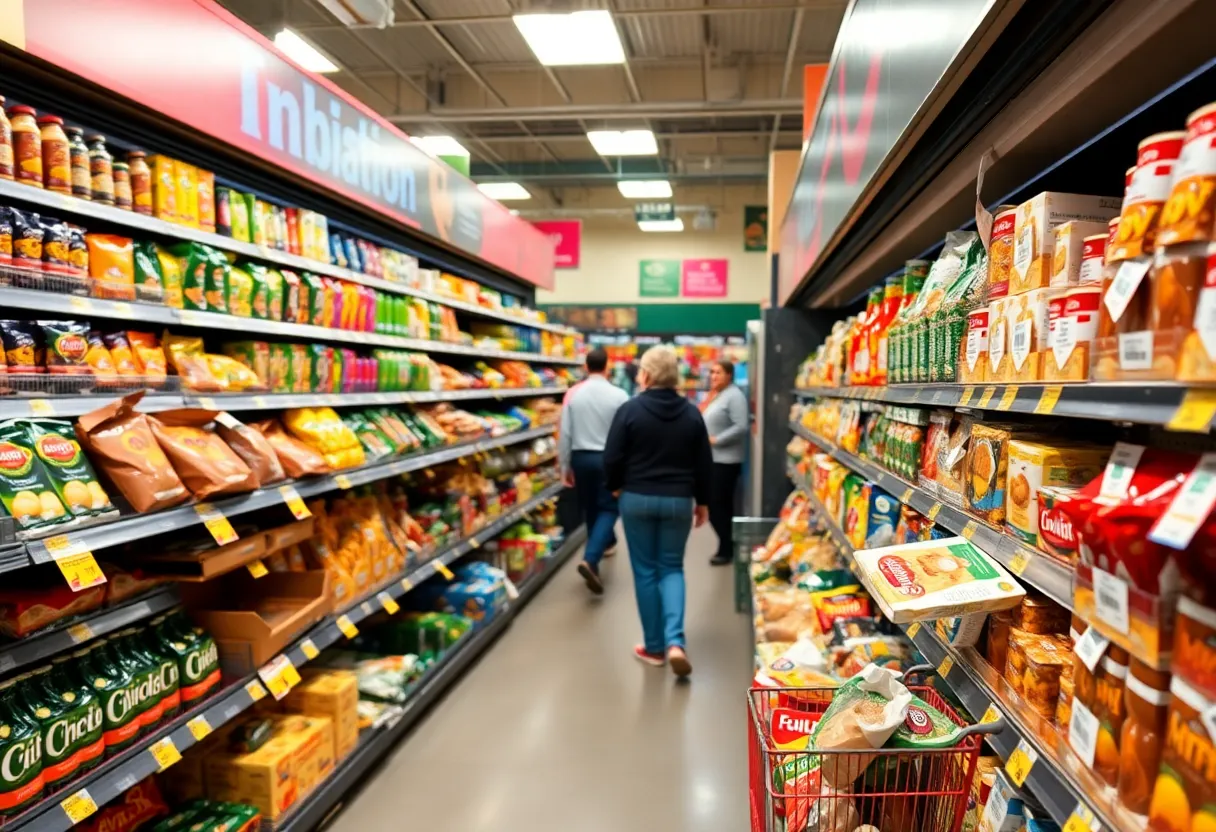 Grocery store with various products and price tags indicating inflation