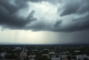 Dark clouds loom over Los Angeles during heavy rainfall