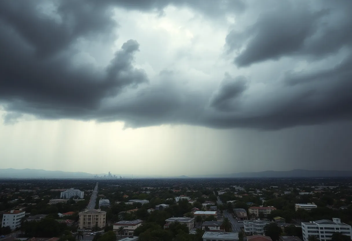 Dark clouds loom over Los Angeles during heavy rainfall