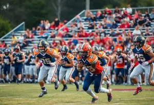 High school football players in action during a game