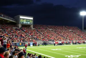 High school football players in action on the field with spectators cheering.