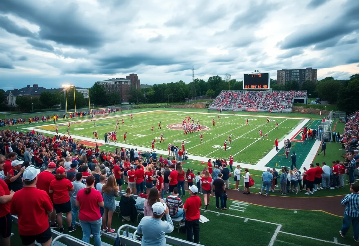 High school football players in action on the field with spectators cheering.