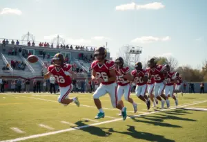High school football players competing in a game with fans cheering in the background.