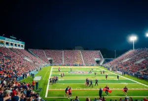 Excited fans in a football stadium during a high school game.
