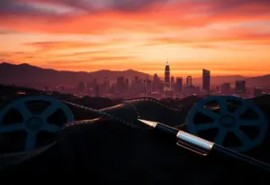 Dusk skyline of Hollywood with film reels and a pen