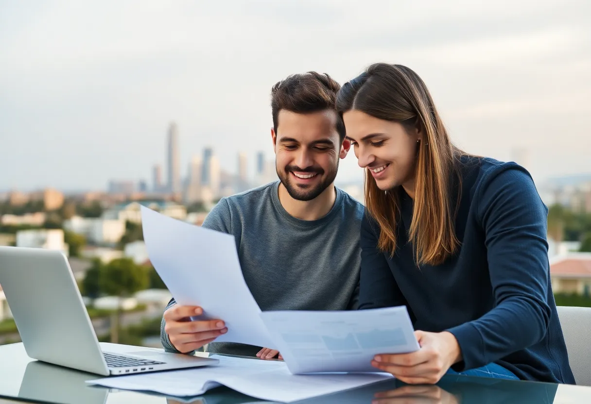 Couple planning home buying strategy with Los Angeles skyline