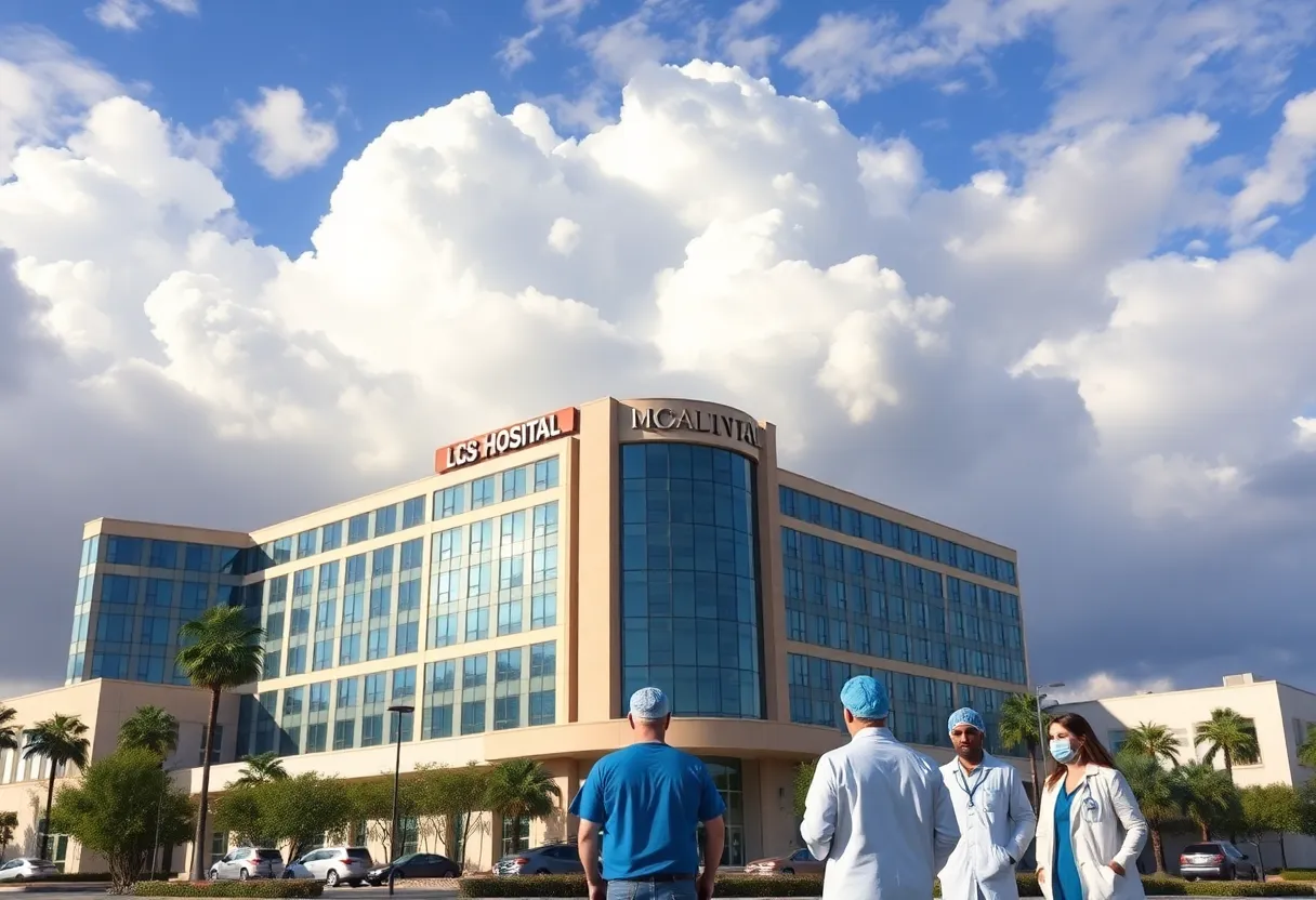 Healthcare workers standing outside a hospital in Los Angeles, looking concerned about layoffs.
