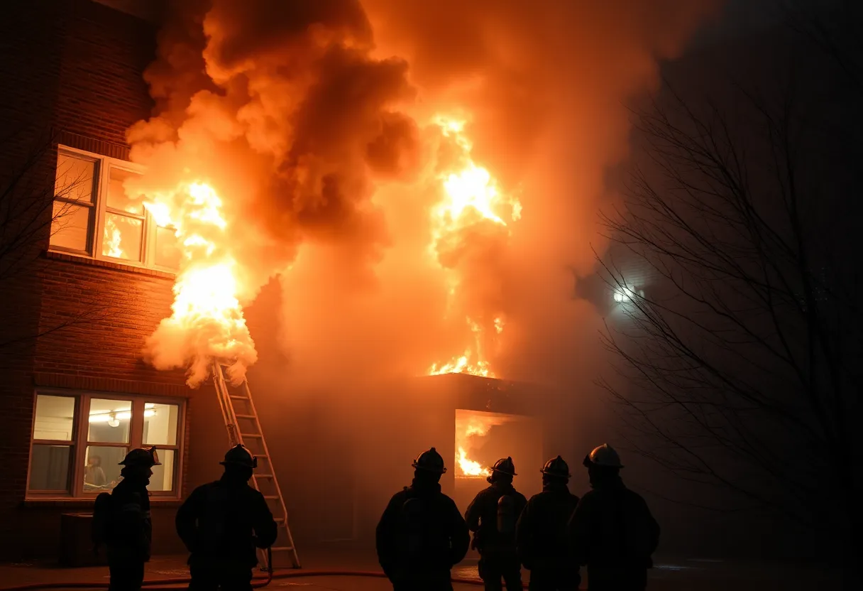 Firefighters combating a fire at Hubbard College of Administration