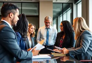 Attorneys collaborating in a law firm setting.