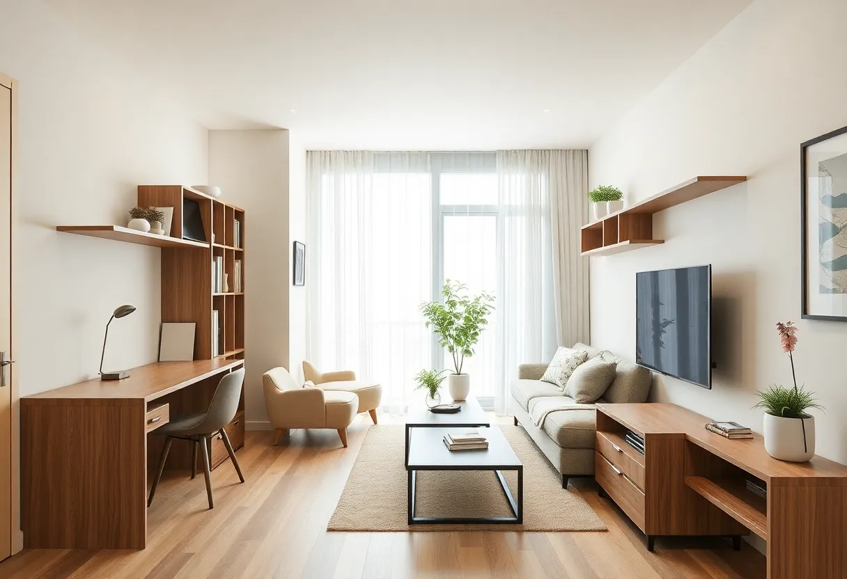 Small home storage solutions with multifunctional furniture and organization options.