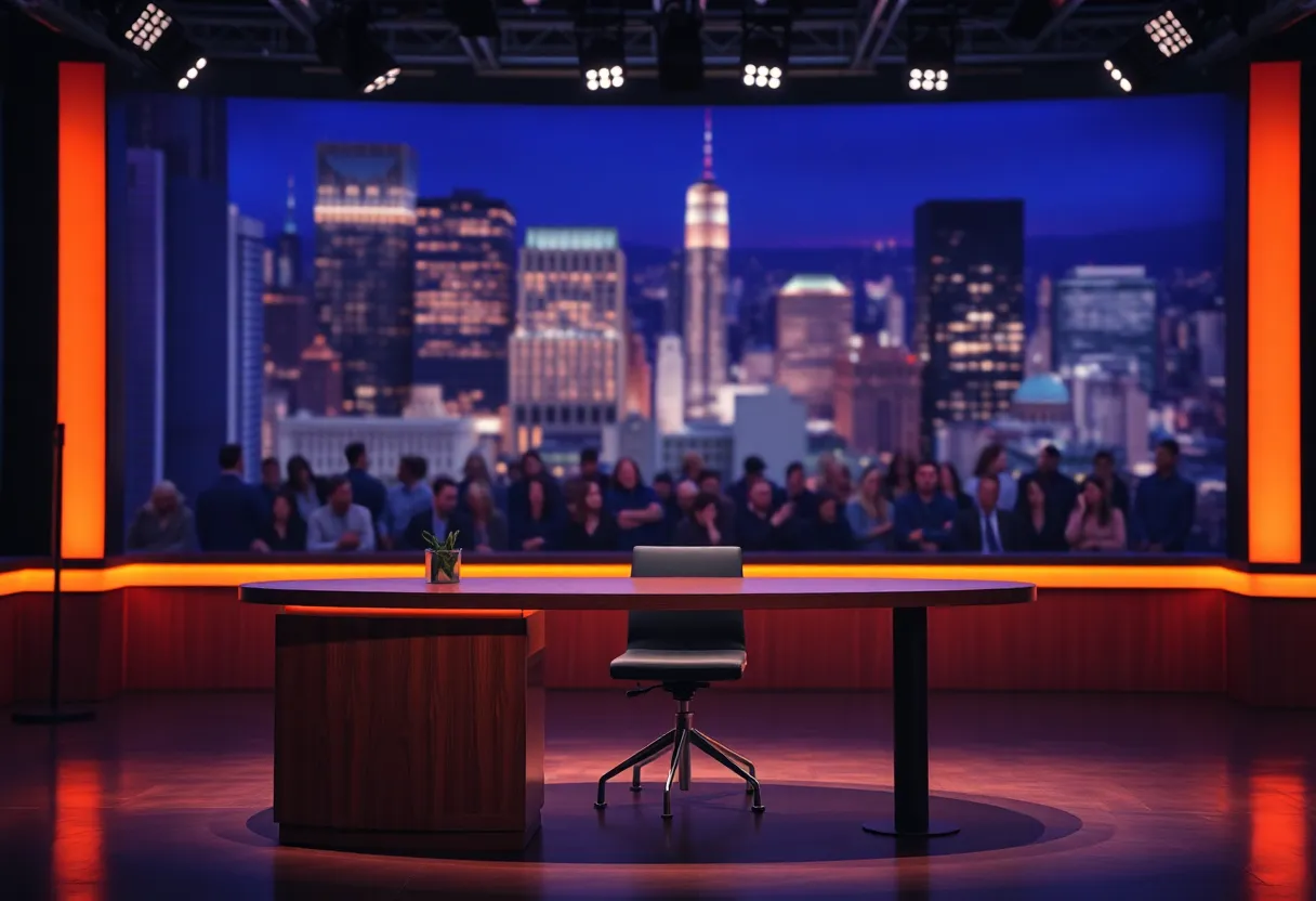 A late-night talk show set with a desk and lights