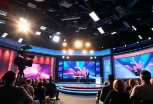 Interior of a vibrant television talk show studio