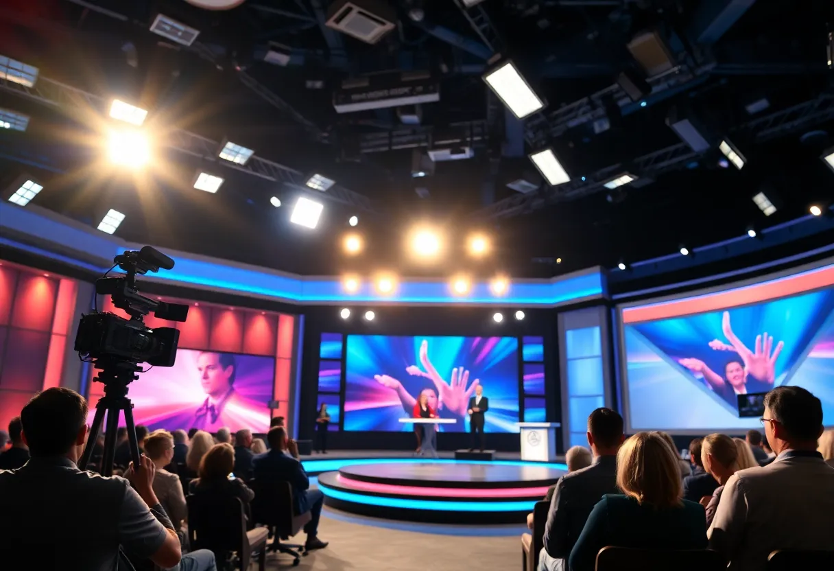Interior of a vibrant television talk show studio